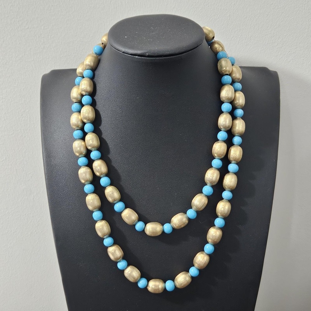 Vintage Trifari Goldtone Blue Lucite Beaded Necklace 38" Rare HTF
